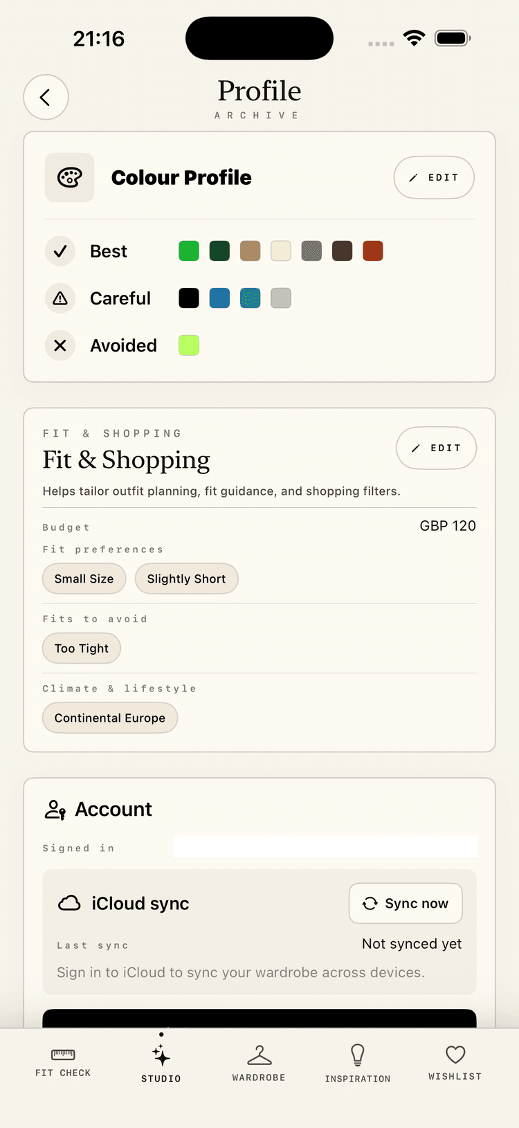 Colour, fit, and account screenshot