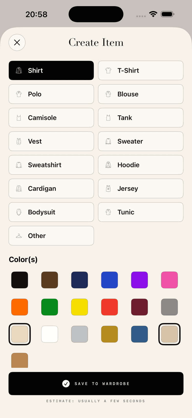 Item classification screenshot