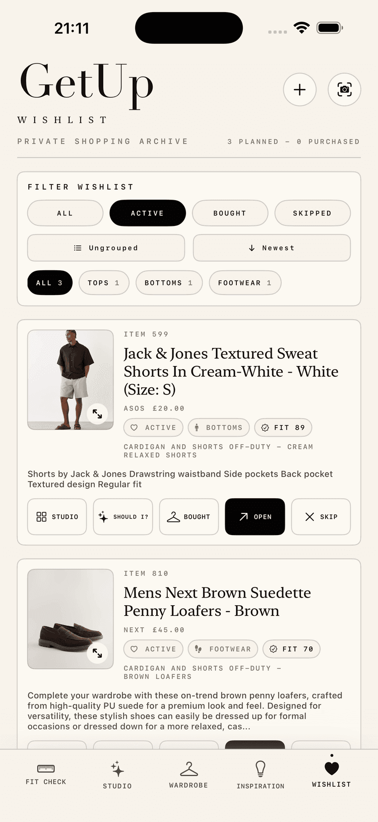Wishlist and shopping gaps screenshot